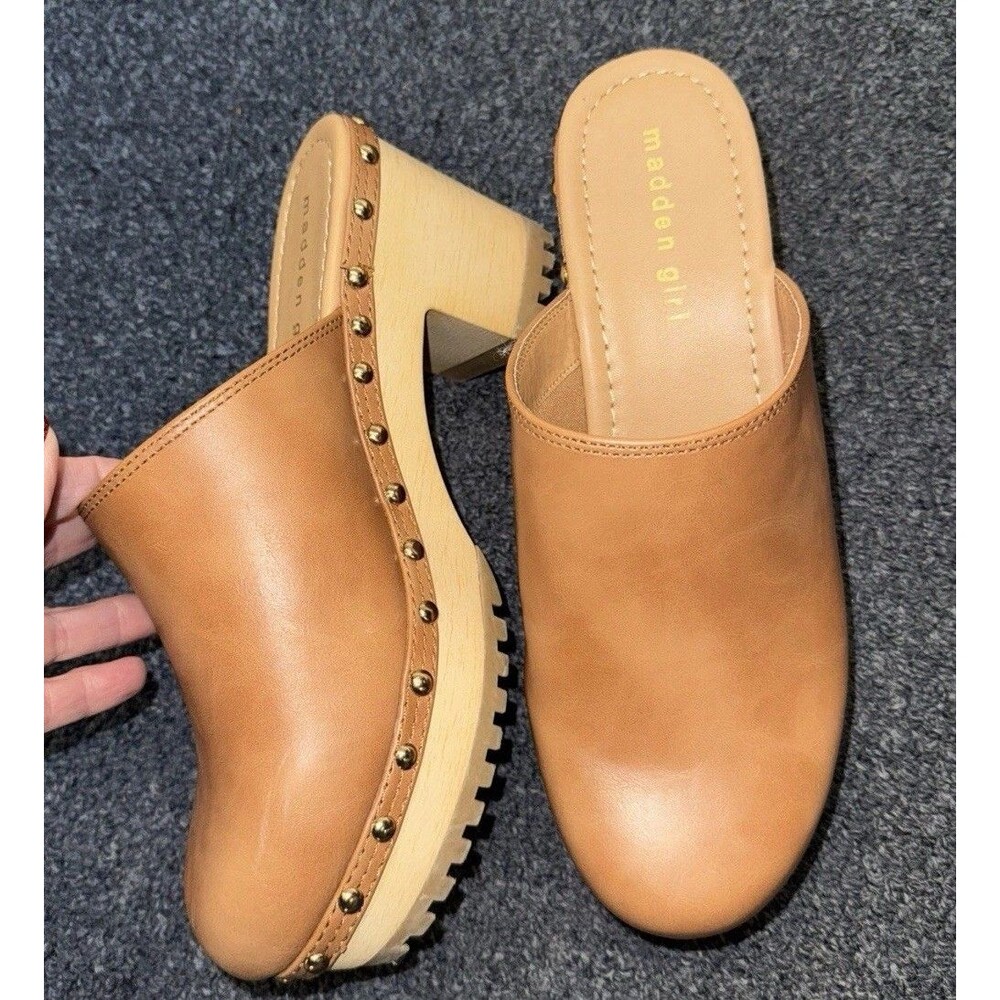 Y2K Wood Sole Clogs Faux Leather Platform 3” Heels Studs Cognac Chunk Sz 9 Boho